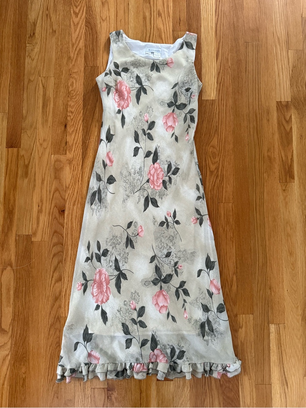 dressbarn Pink and Gray Floral Sleeveless Maxi Dress with Ruffle Hem